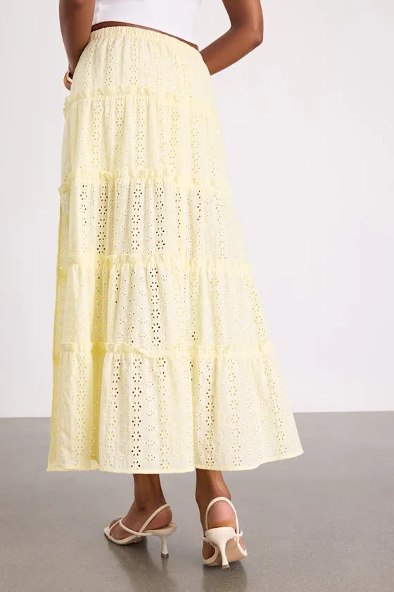Cherish Light Yellow Eyelet Embroidered Tiered Maxi Skirt sold by Lulus product image thumbnail 3