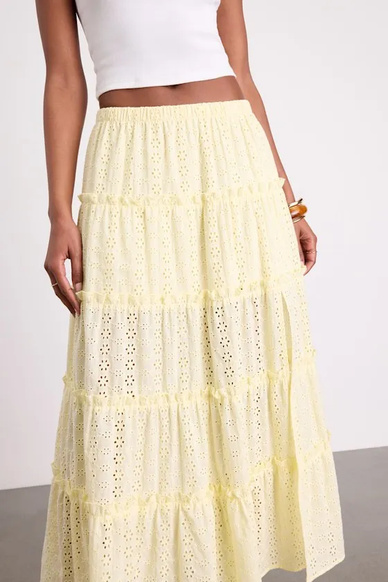Cherish Light Yellow Eyelet Embroidered Tiered Maxi Skirt sold by Lulus product image thumbnail 4