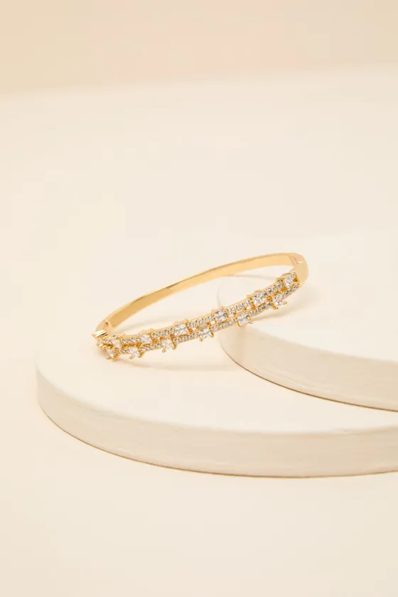 Marcelle Gold Rhinestone Hinged Bangle Bracelet sold by Lulus
