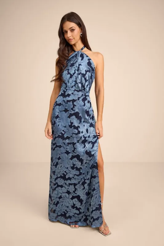 Indra Navy Floral Burnout Backless Maxi Dress made by Lulus