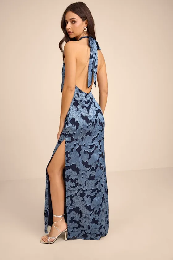 Indra Navy Floral Burnout Backless Maxi Dress sold by Lulus product image thumbnail 3