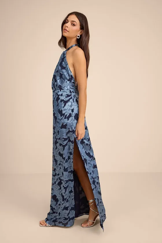 Indra Navy Floral Burnout Backless Maxi Dress sold by Lulus product image thumbnail 4