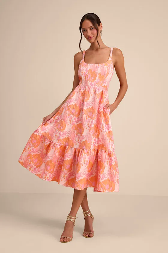 Avalie Pink Floral Jacquard Tiered Bustier Midi Dress sold by Lulus