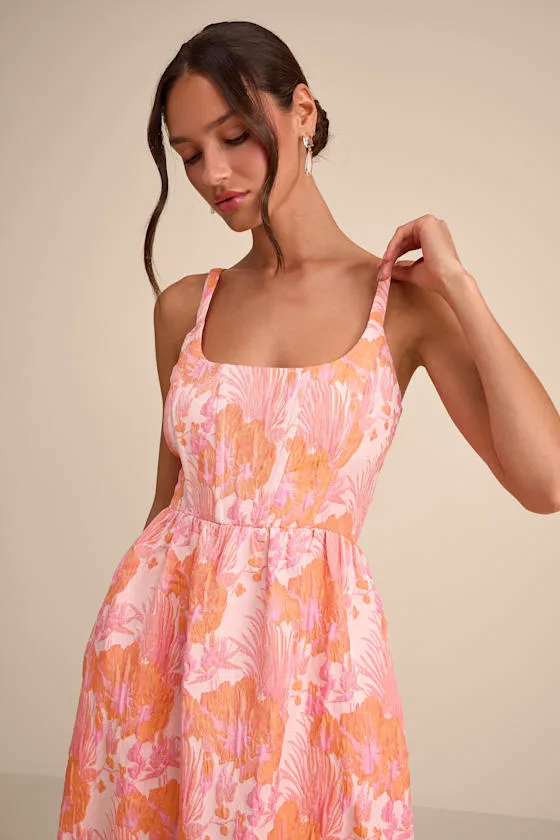 Avalie Pink Floral Jacquard Tiered Bustier Midi Dress sold by Lulus product image thumbnail 2