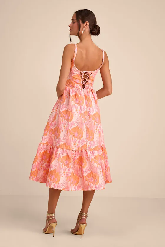 Avalie Pink Floral Jacquard Tiered Bustier Midi Dress sold by Lulus product image thumbnail 3