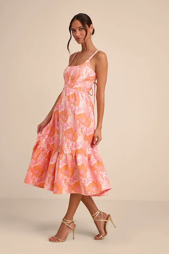 Avalie Pink Floral Jacquard Tiered Bustier Midi Dress sold by Lulus product image thumbnail 4