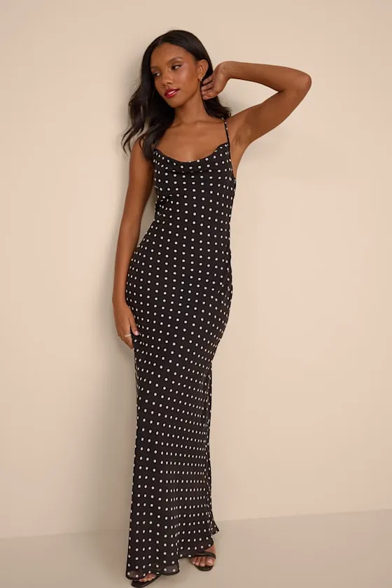 Adaria Black Polka Dot Cowl Neck Maxi Dress sold by Lulus