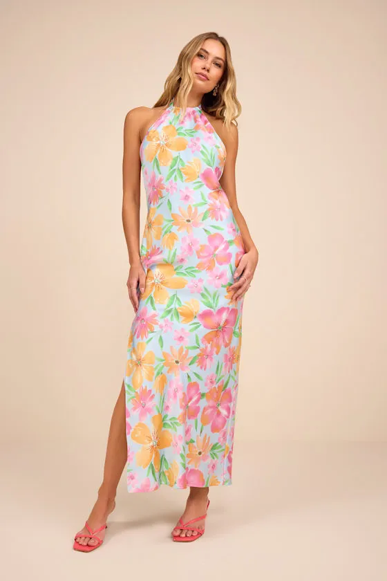 Glowing Presence Light Blue Floral Satin Halter Maxi Dress sold by Lulus product image thumbnail 2