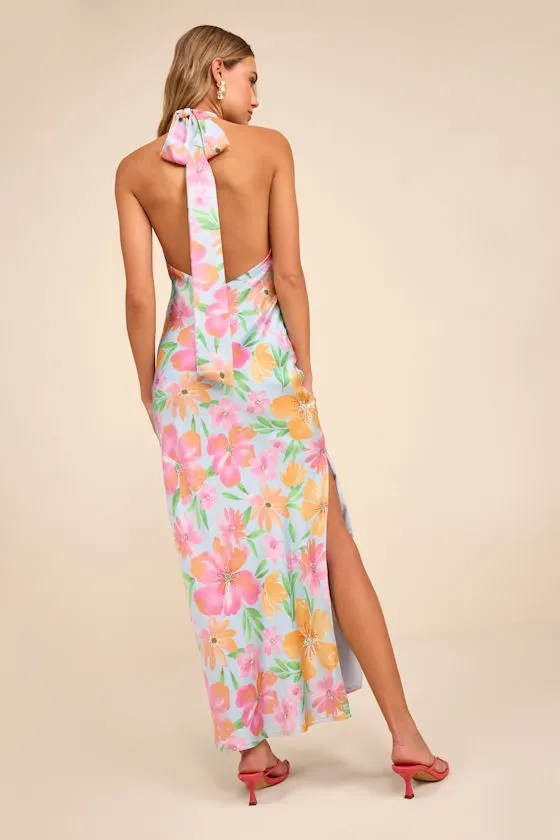 Glowing Presence Light Blue Floral Satin Halter Maxi Dress sold by Lulus product image thumbnail 4