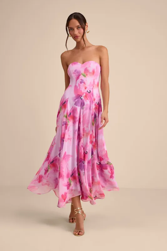 Madoria Pink Multi Floral Strapless Midi Dress made by Lulus