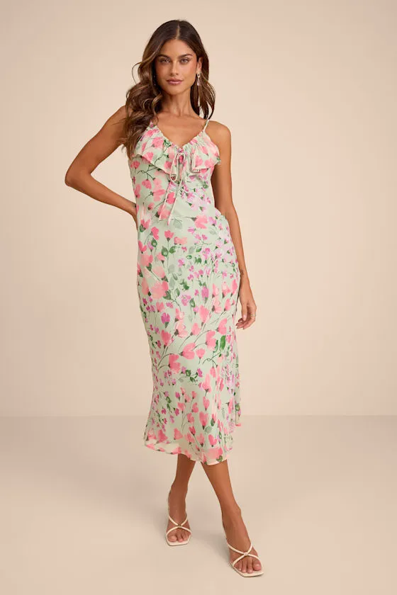 Oshia Sage Multi Floral Ruffled Midi Dress sold by Lulus