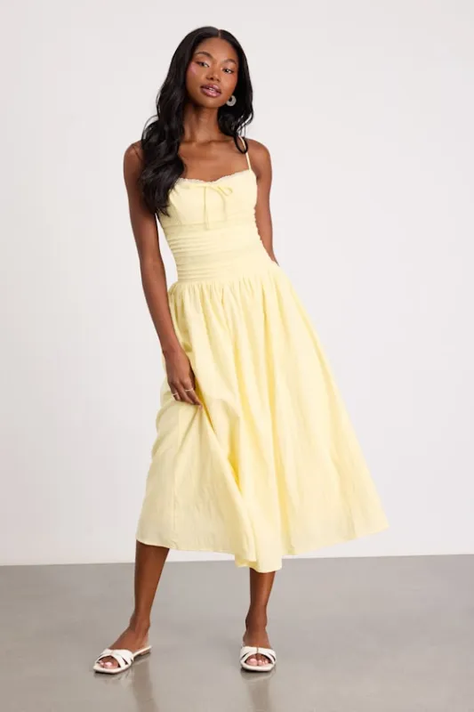 Elina Light Yellow Pleated Midi Dress made by Lush