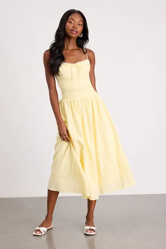 Elina Light Yellow Pleated Midi Dress sold by Lulus