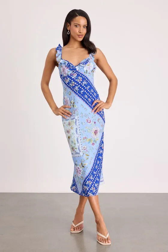 Mellie Blue Floral Scarf Print Ruffled Midi Dress sold by Lulus