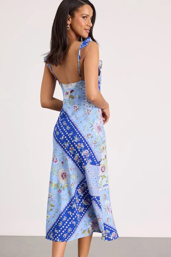 Mellie Blue Floral Scarf Print Ruffled Midi Dress sold by Lulus product image thumbnail 3