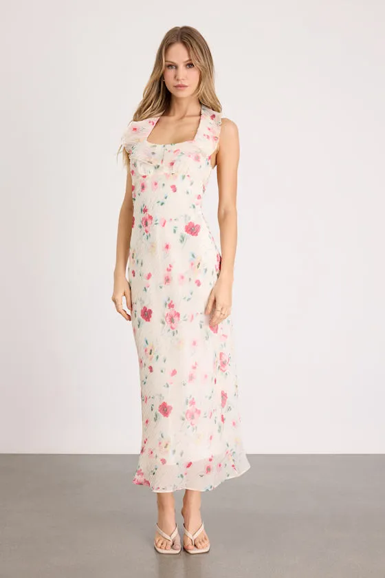 Etta Ivory Floral Ruffled Halter Midi Dress sold by Lulus