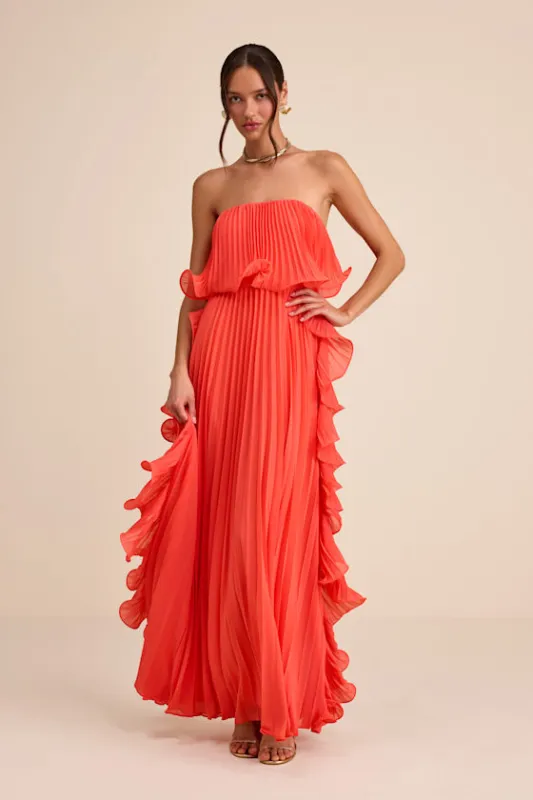 Andri Bright Orange Pleated Ruffled Maxi Dress made by Lulus