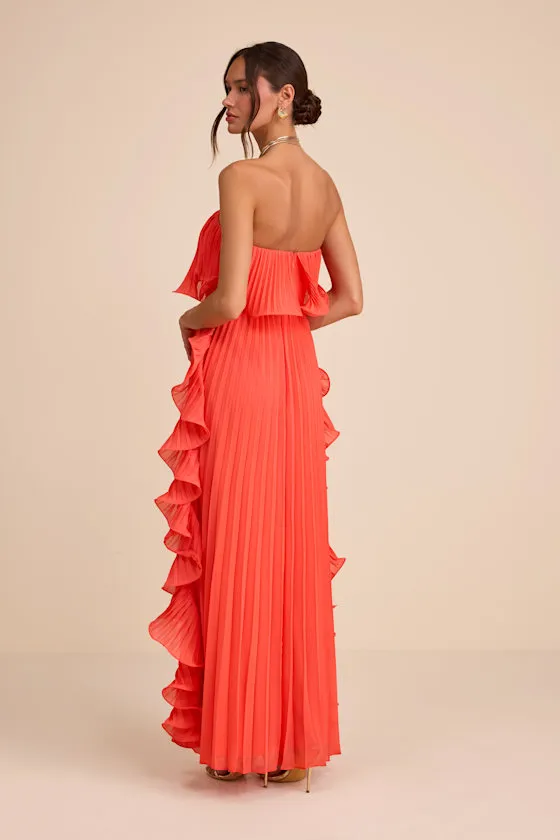Andri Bright Orange Pleated Ruffled Maxi Dress sold by Lulus product image thumbnail 3
