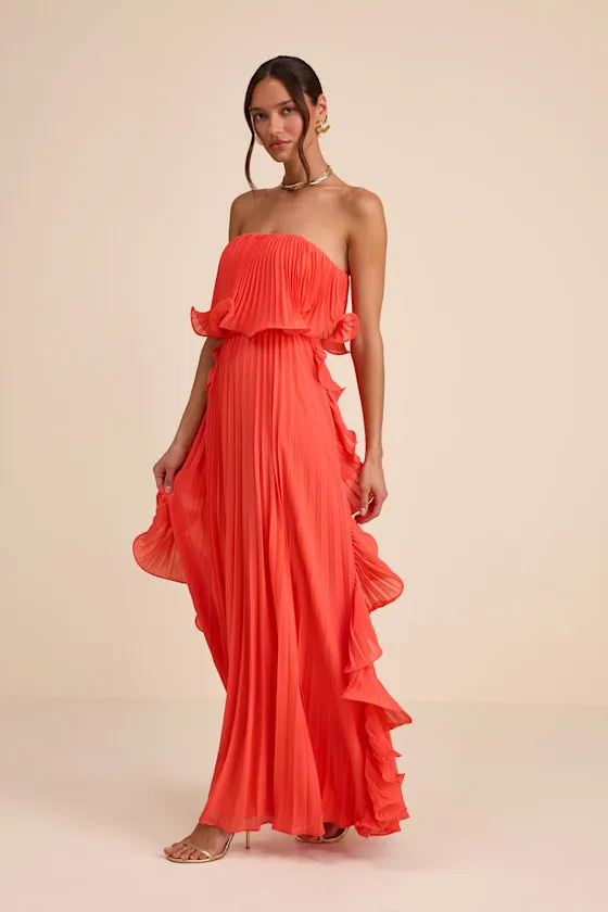 Andri Bright Orange Pleated Ruffled Maxi Dress sold by Lulus product image thumbnail 4