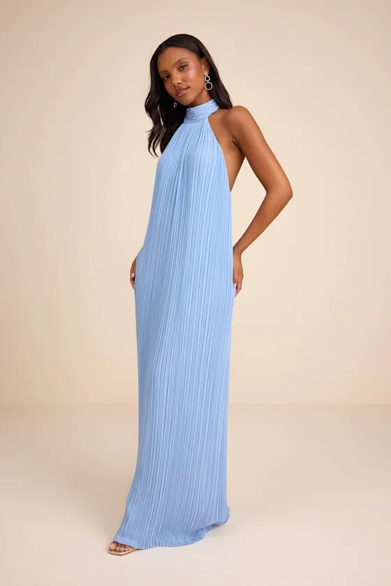 Marta Powder Blue Pleated Backless Maxi Dress sold by Lulus