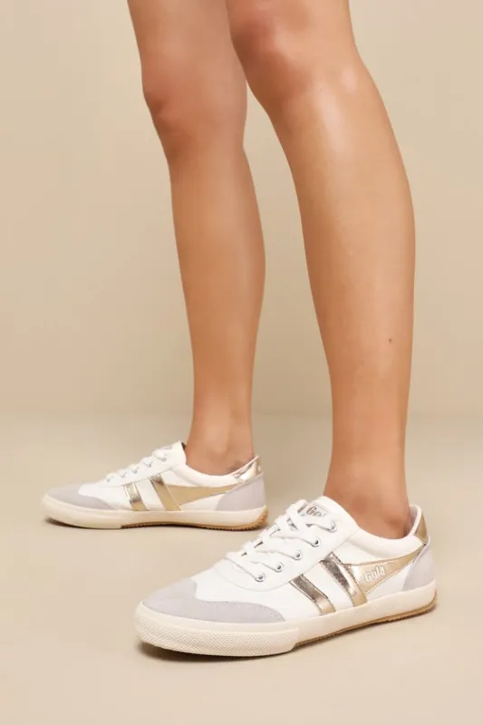 Badminton Off White and Gold Color Block Suede Leather Sneakers made by Gola