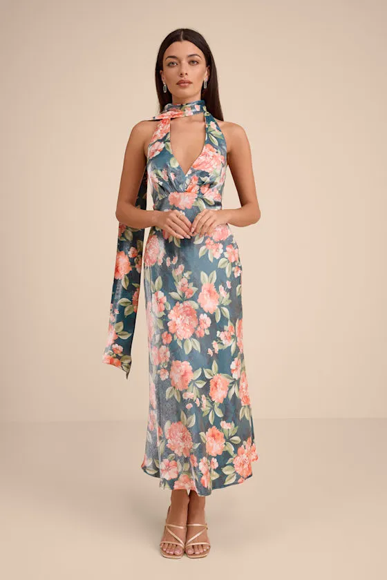 Malani Dark Teal Floral Satin Sash Midi Dress sold by Lulus