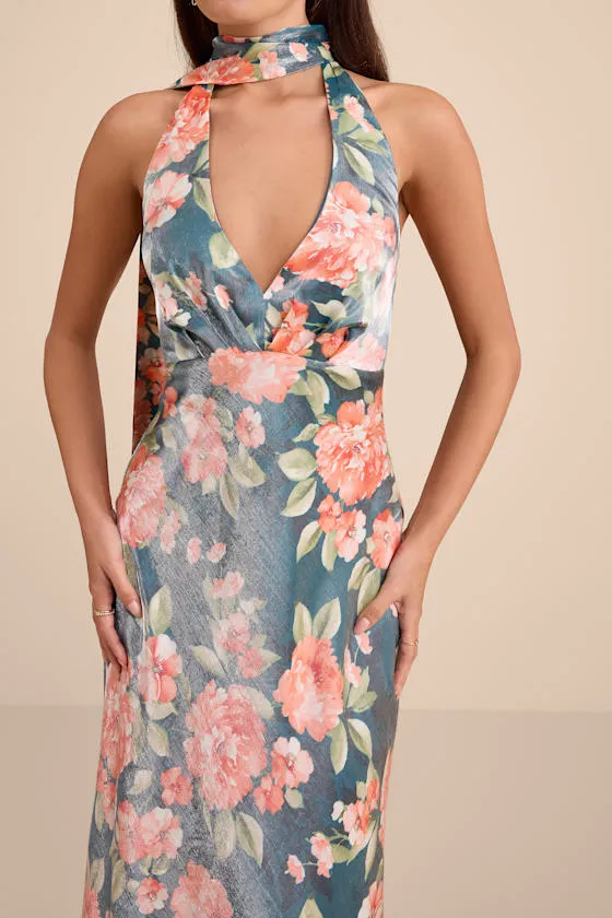 Malani Dark Teal Floral Satin Sash Midi Dress sold by Lulus product image thumbnail 2