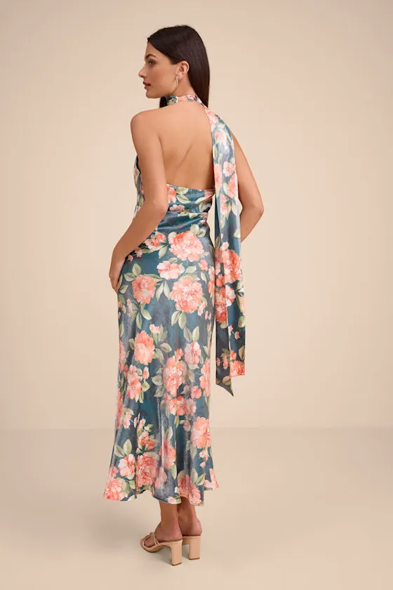 Malani Dark Teal Floral Satin Sash Midi Dress sold by Lulus product image thumbnail 3