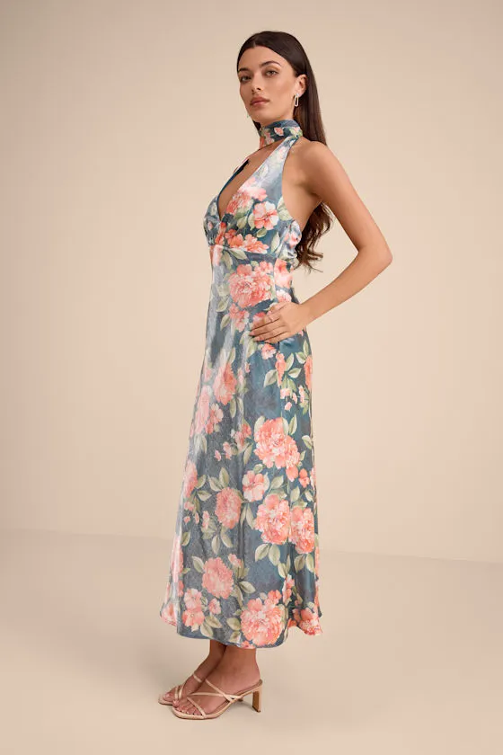 Malani Dark Teal Floral Satin Sash Midi Dress sold by Lulus product image thumbnail 4
