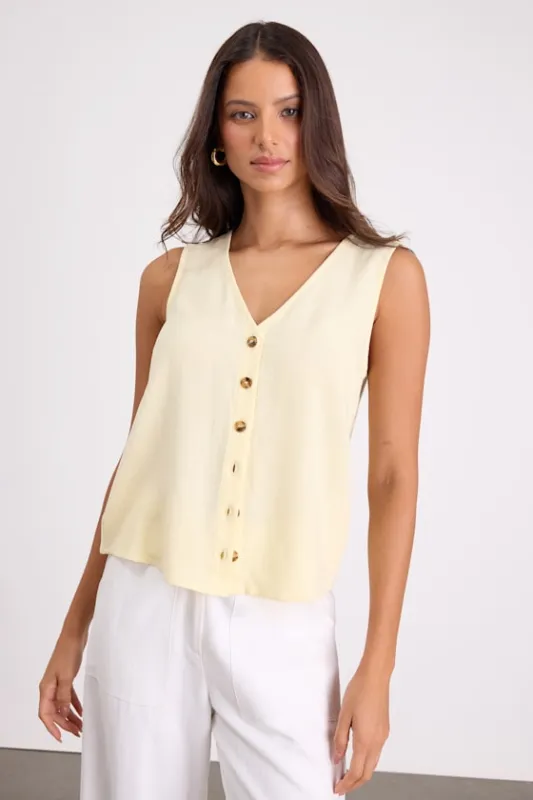 Casually Sophisticated Yellow Linen Sleeveless Button-Front Top made by Lulus