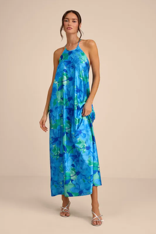 Imana Blue and Green Floral Satin Shift Midi Dress made by Lulus