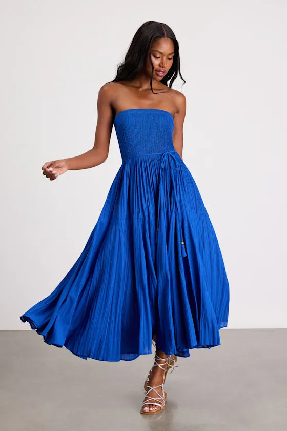Altana Blue Pleated Strapless Midi Dress sold by Lulus
