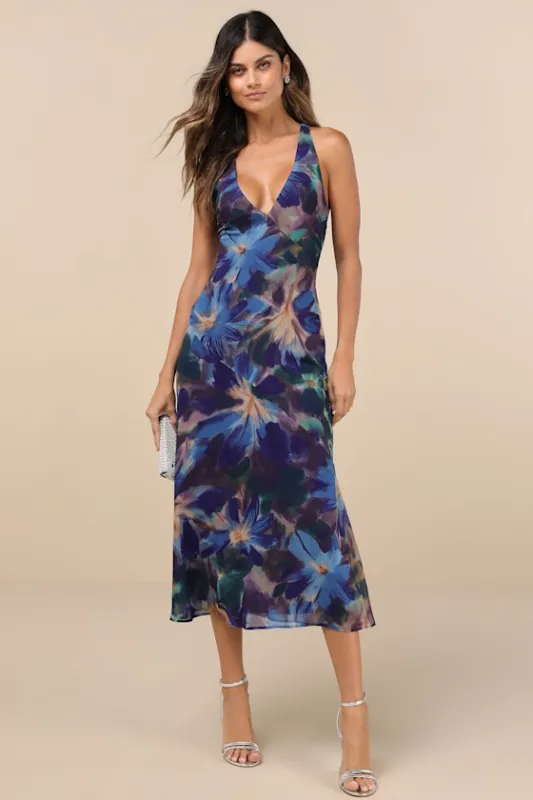 Delight in Elegance Navy Blue Multi Floral Halter Midi Dress made by Lulus