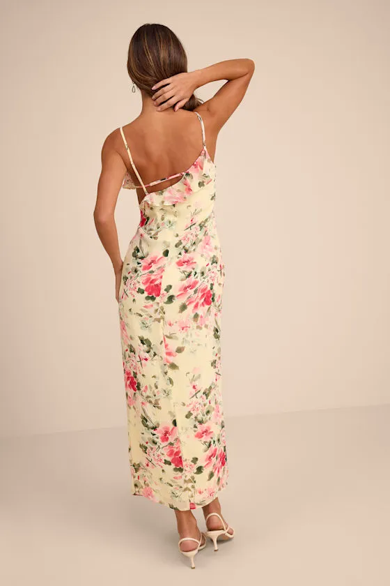 Emery Light Yellow Floral Asymmetrical Ruffled Maxi Dress sold by Lulus product image thumbnail 3