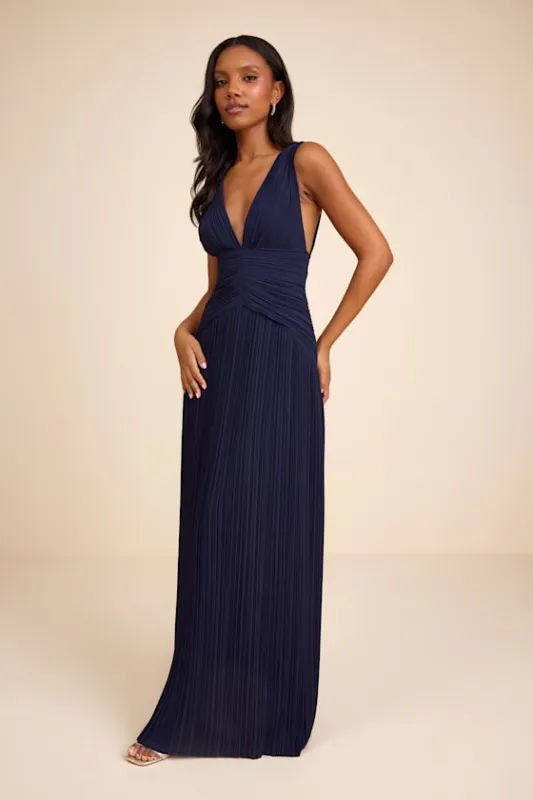Kelina Navy Blue Pleated Drop Waist Maxi Dress made by Lulus