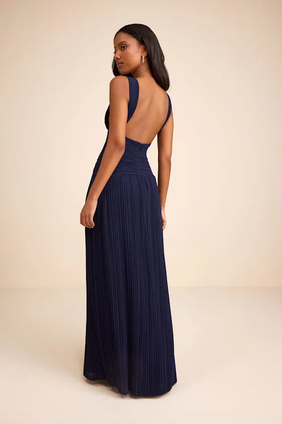 Kelina Navy Blue Pleated Drop Waist Maxi Dress sold by Lulus product image thumbnail 3