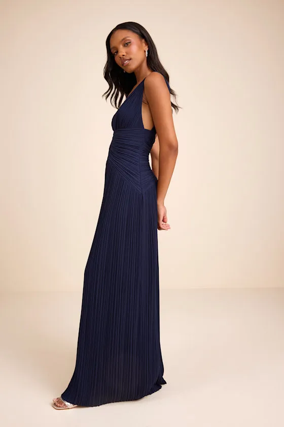 Kelina Navy Blue Pleated Drop Waist Maxi Dress sold by Lulus product image thumbnail 4