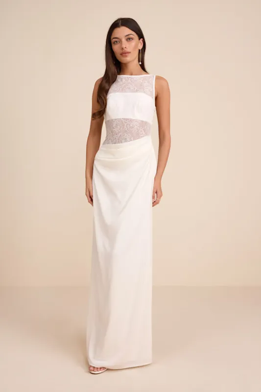 Akasha White Sheer Lace Mixed-Media Maxi Dress made by Lulus
