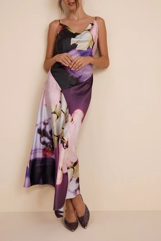 Ellie Purple Multi Floral Satin Cowl Neck Maxi Dress sold by Lulus