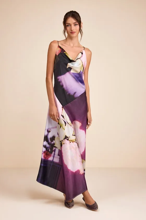 Ellie Purple Multi Floral Satin Cowl Neck Maxi Dress sold by Lulus product image thumbnail 2