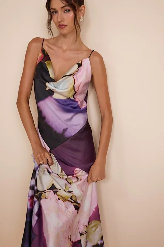 Ellie Purple Multi Floral Satin Cowl Neck Maxi Dress sold by Lulus product image thumbnail 4