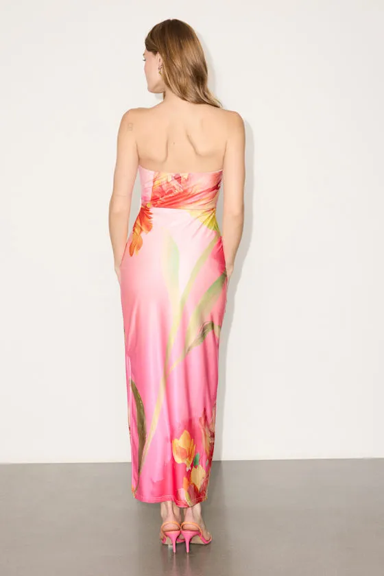 Anahi Pink Multi Floral Satin Strapless Maxi Dress sold by Lulus product image thumbnail 3