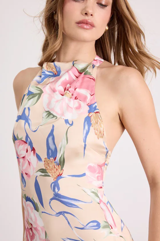 Thea Beige Multi Floral Satin Backless Mini Dress sold by Lulus product image thumbnail 3