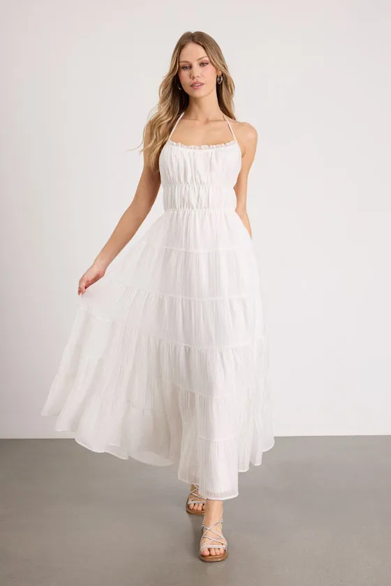 Ameera White Textured Tiered Backless Maxi Dress sold by Lulus