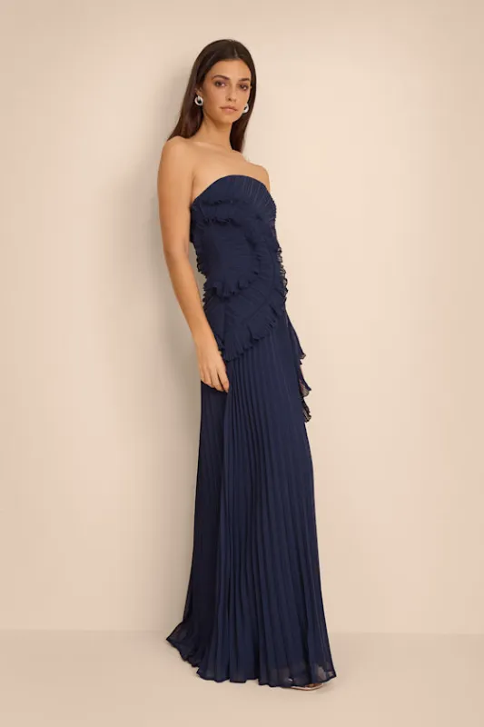 Brylee Navy Blue Pleated Ruffled Maxi Dress made by Lulus