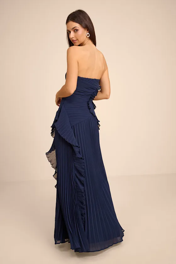Brylee Navy Blue Pleated Ruffled Maxi Dress sold by Lulus product image thumbnail 3