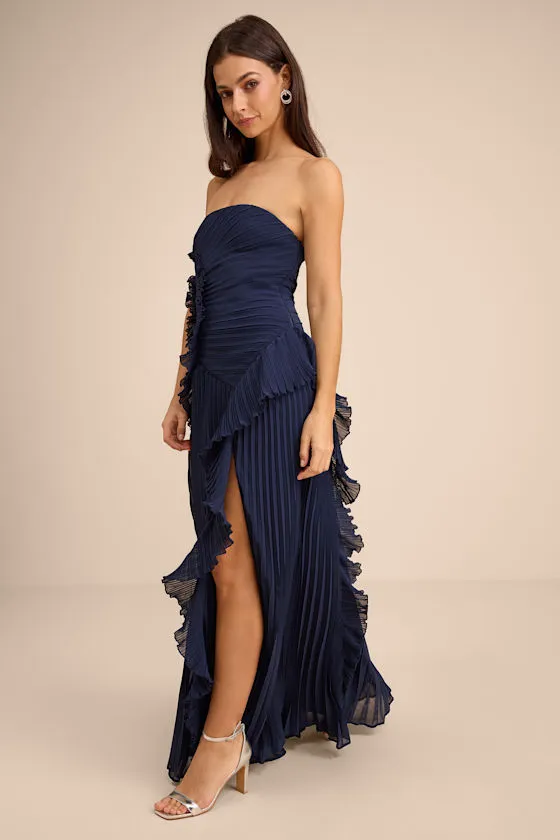 Brylee Navy Blue Pleated Ruffled Maxi Dress sold by Lulus product image thumbnail 4