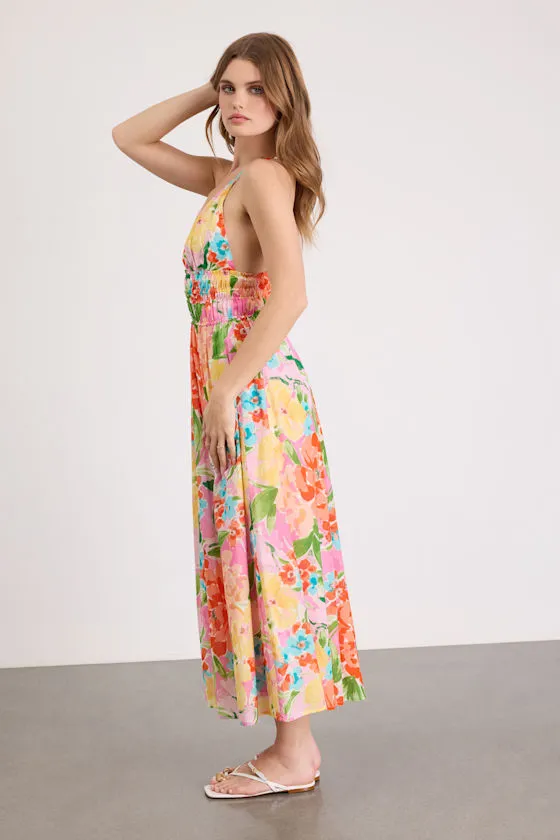 Layne Pink Multi Floral Backless Midi Dress sold by Lulus product image thumbnail 4