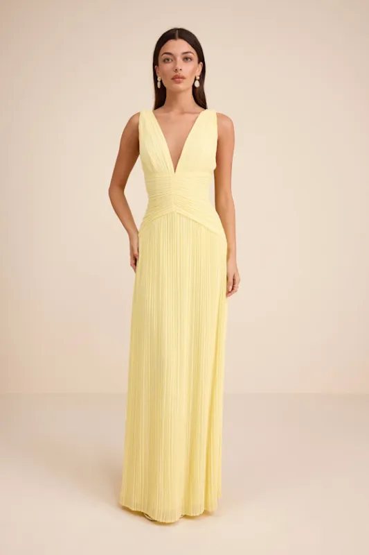 Kelina Light Yellow Pleated Drop Waist Maxi Dress made by Lulus