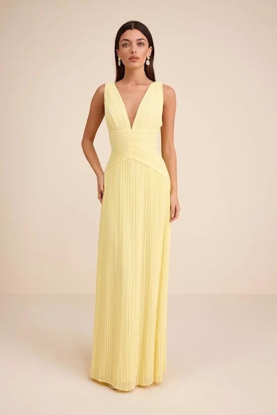 Kelina Light Yellow Pleated Drop Waist Maxi Dress sold by Lulus